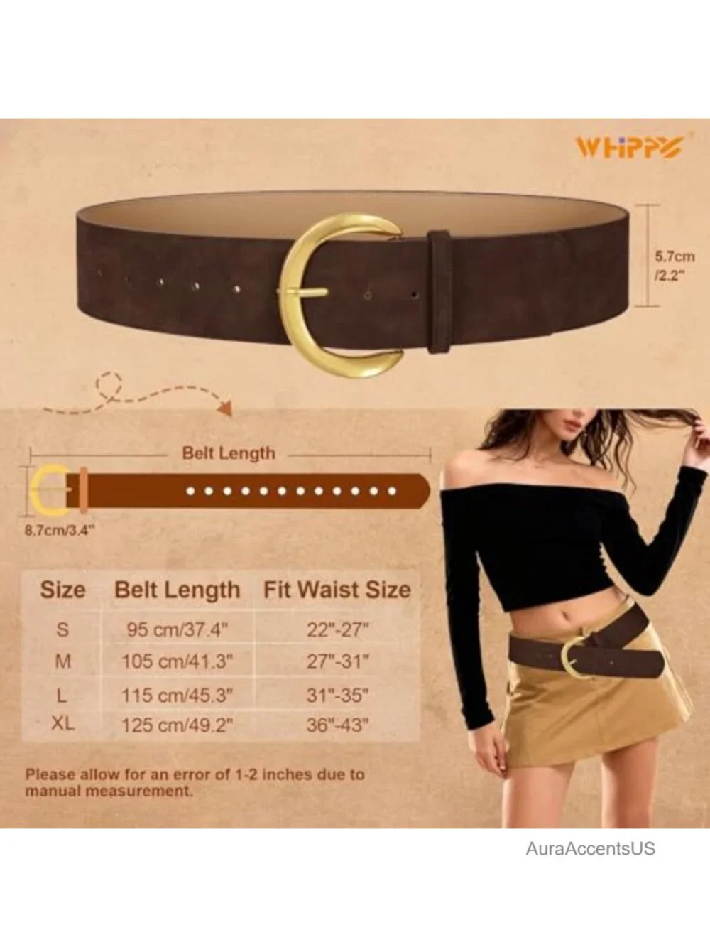 Wide Faux Suede Leather Belt with Gold Buckle for Women
